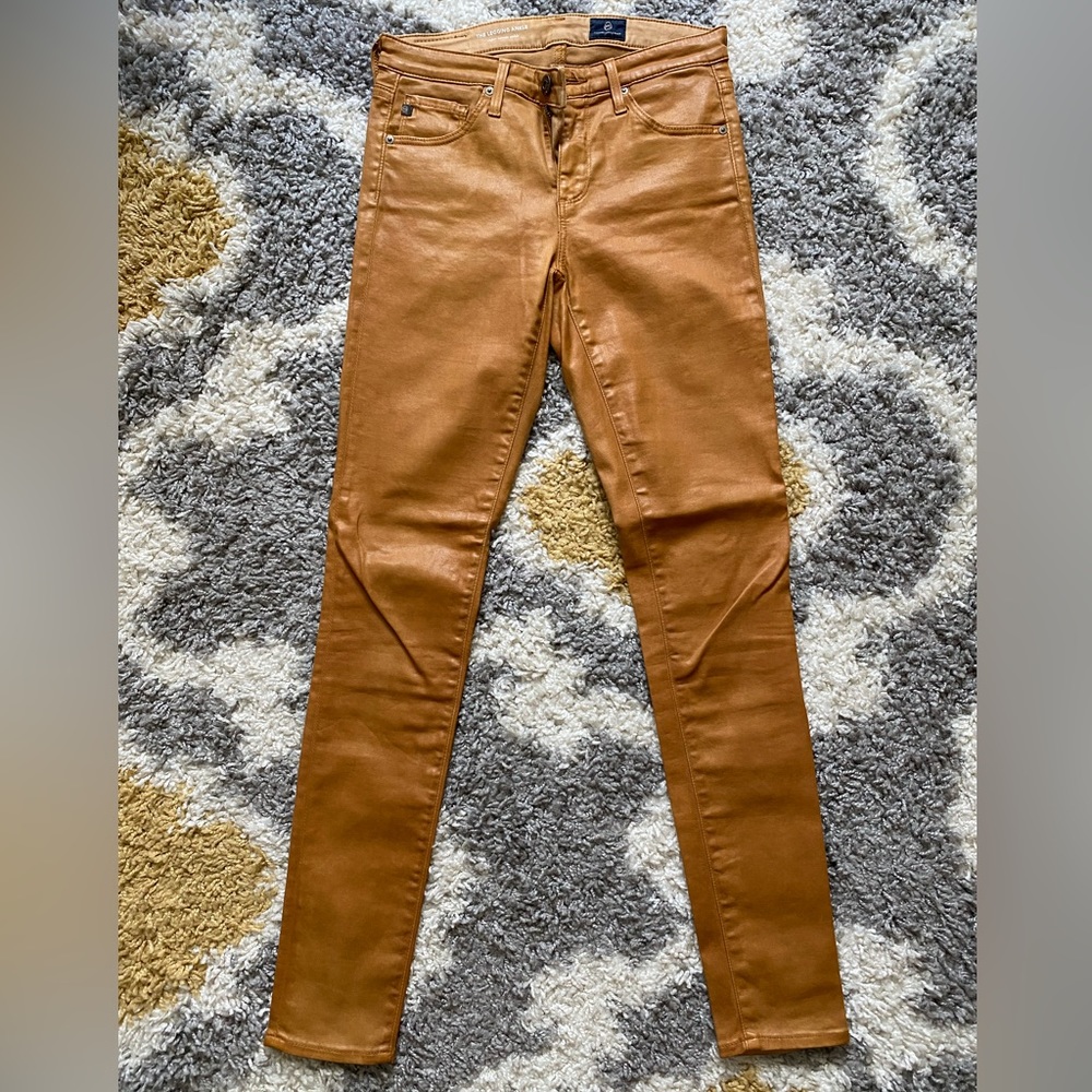 NWOT AG skinny ankle coated pants in a golden brown. Size 25R
